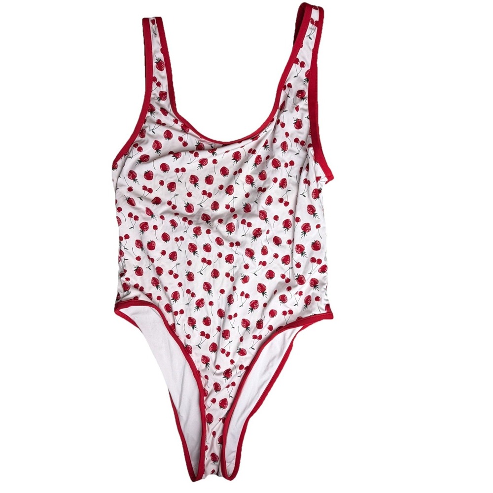 Frankies Bikinis Cherry Strawberry One Piece Swimsuit XL Red Trim Beach Vacation